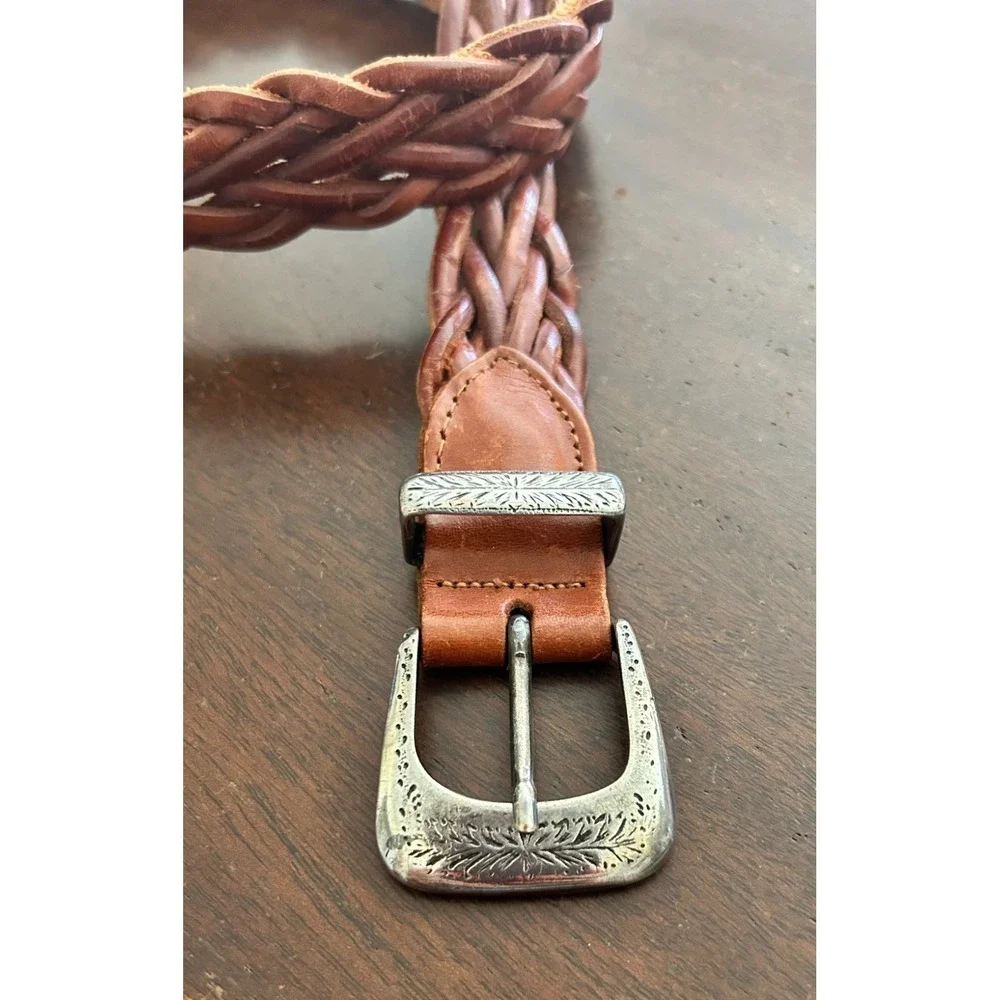 VTG Woven Brown Leather Belt M Argentina Westcore Cowgirl Bohemian Etch Silver